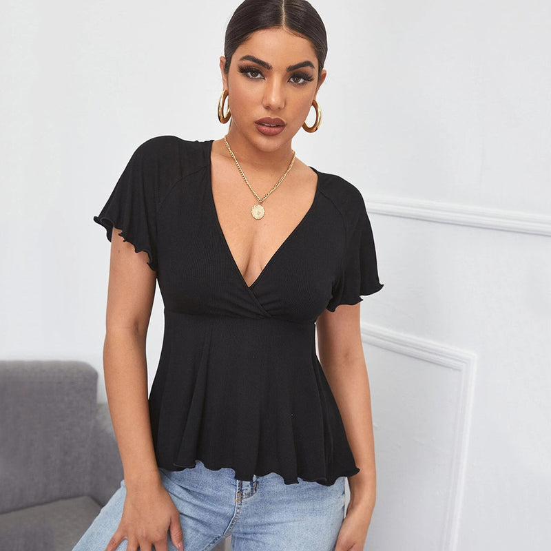 Women's V-neck Waist-cinching Fitted Short-sleeve Knit Top
