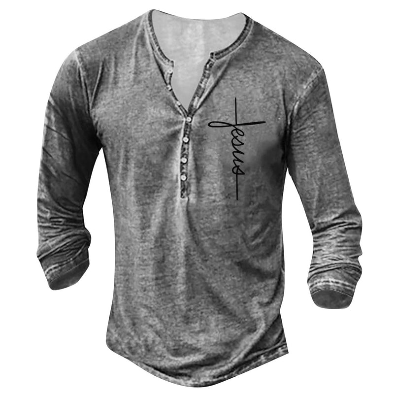 Men's Long Sleeve T-Shirt Button V-Neck Retro Oversize Youth