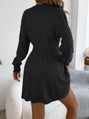 Solid Color Cable Knit Waist Cinched Lantern Sleeve Sweater Dress