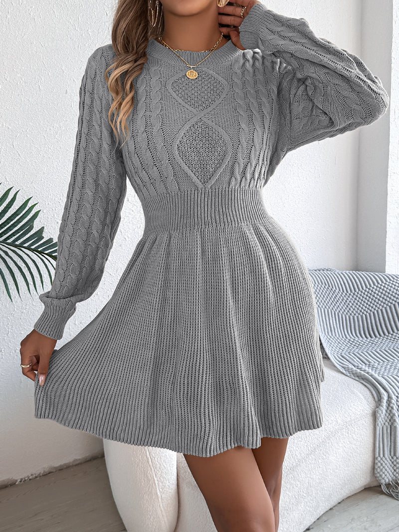 Solid Color Cable Knit Waist Cinched Lantern Sleeve Sweater Dress
