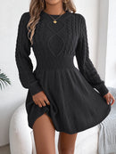 Solid Color Cable Knit Waist Cinched Lantern Sleeve Sweater Dress