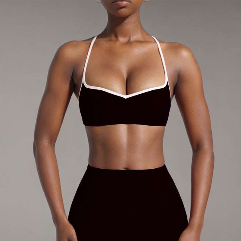 Women's Simple Nude Feel Beauty Back Exercise Contrast Color Bra Yoga Pants