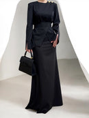 Black Pinstripe Maxi Dress With Structured Waist And Gold Button Accent