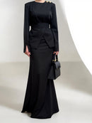 Black Pinstripe Maxi Dress With Structured Waist And Gold Button Accent