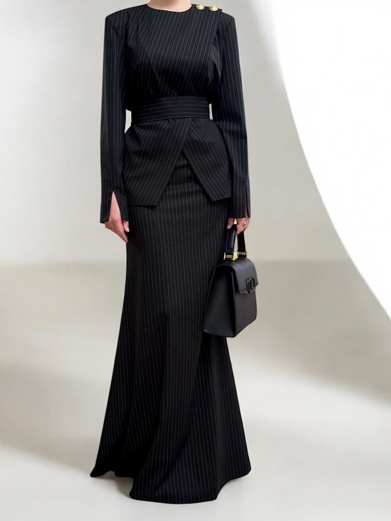 Black Pinstripe Maxi Dress With Structured Waist And Gold Button Accent
