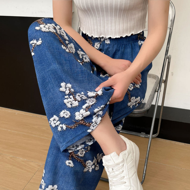 Women's Thin Casual High-waisted Loose Retro Printed Denim Straight-leg Pants