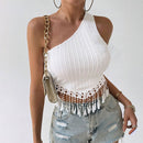 Women's Solid Color Single-shoulder Fringe Design Short Top