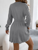 Solid Color Cable Knit Waist Cinched Lantern Sleeve Sweater Dress