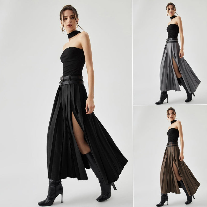 Women's High Waist Slimming Slit Pleated Skirt