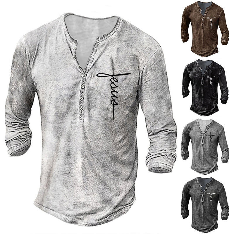Men's Long Sleeve T-Shirt Button V-Neck Retro Oversize Youth