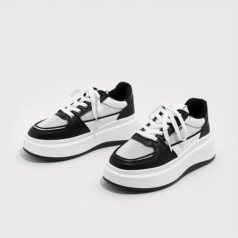 Women's Breathable Mesh Sneakers, Solid Lace Up Platform Skate Shoes, Thick Soled Platform Casual Sneakers