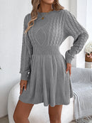 Solid Color Cable Knit Waist Cinched Lantern Sleeve Sweater Dress