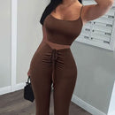 Women's Sexy Halter Crop Top With Drawstring Front And Flared Pants Two-piece Set