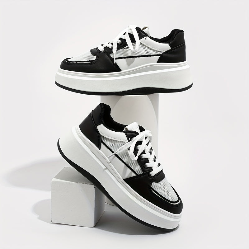 Women's Breathable Mesh Sneakers, Solid Lace Up Platform Skate Shoes, Thick Soled Platform Casual Sneakers
