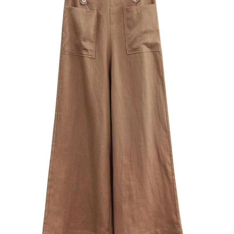 Solid Color Button High Waist Wide Leg Casual Pants Women