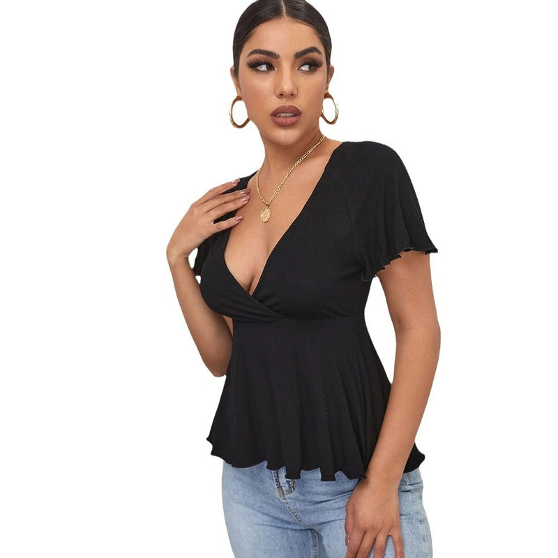 Women's V-neck Waist-cinching Fitted Short-sleeve Knit Top