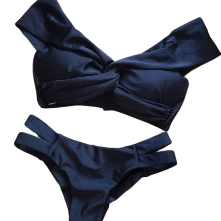 Biquíni Preto Top Faixa Torcido e Calcinha com Tiras Laterais Duplas