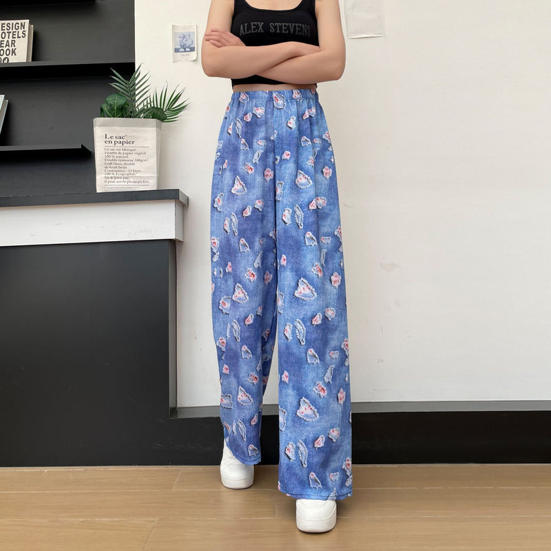 Women's Thin Casual High-waisted Loose Retro Printed Denim Straight-leg Pants
