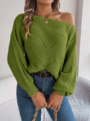 Casual Hollow Out Off-Shoulder Lantern Sleeve Sweater