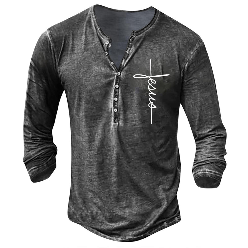 Men's Long Sleeve T-Shirt Button V-Neck Retro Oversize Youth