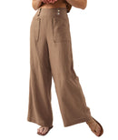 Solid Color Button High Waist Wide Leg Casual Pants Women