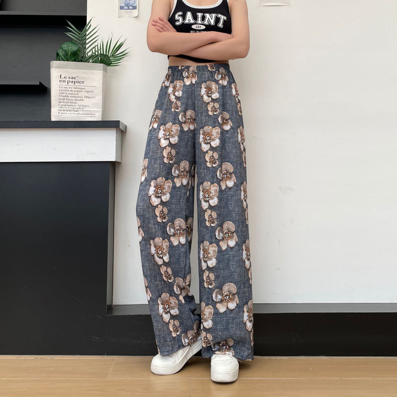 Women's Thin Casual High-waisted Loose Retro Printed Denim Straight-leg Pants