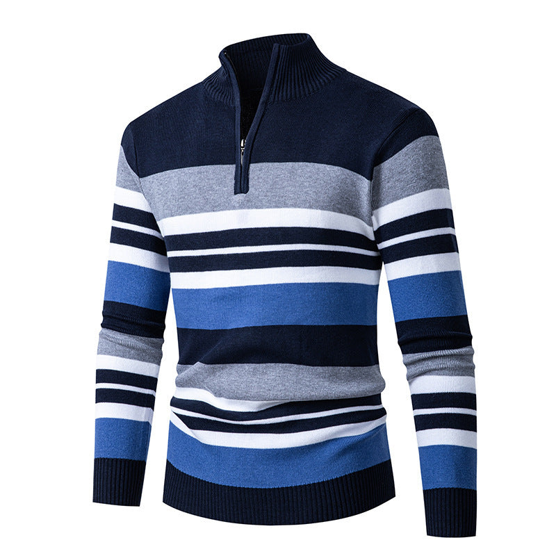 Casual Men's Long-sleeve Half-turtleneck Zip-up Versatile Striped Sweater