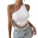 Women's Solid Color Single-shoulder Fringe Design Short Top