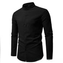 Men's Solid Color Stand-up Collar Cardigan Casual Cotton Long-sleeve Shirt