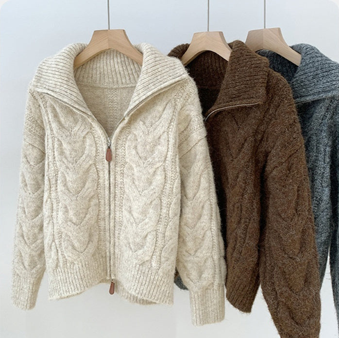 Korean-style Double Zipper Cable Knit Sweater Coat For Women