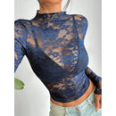 Women's Lace Elastic Peony Print Sheer Sexy Top