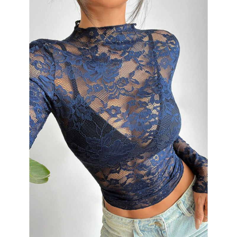 Women's Lace Elastic Peony Print Sheer Sexy Top