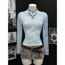 Women's Lace Elastic Peony Print Sheer Sexy Top