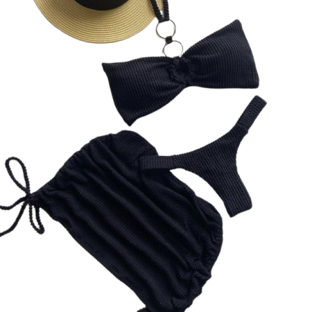 Biquíni Preto Tomara que Caia com Argola e Calcinha Fio Texturizado
