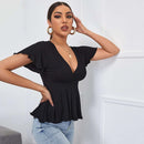 Women's V-neck Waist-cinching Fitted Short-sleeve Knit Top
