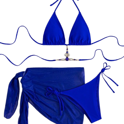 Conjunto Biquíni Azul com Saída de Praia e Detalhe Decorativo
