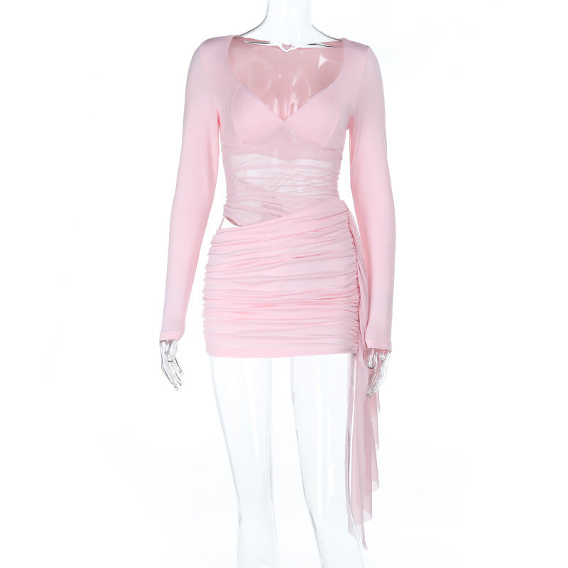 Hollow-out Mesh Ribbon Long Sleeve Bodycon Dress