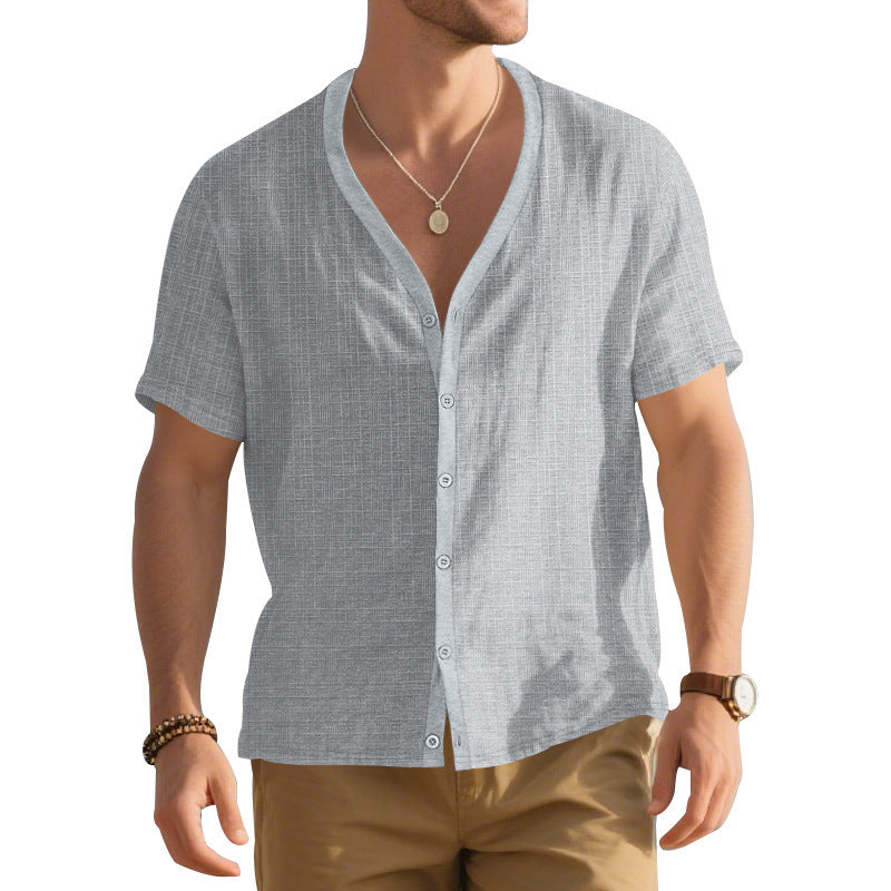 Men's Imitation Linen Bamboo Short-sleeved Henley Shirt Loose Casual Trend