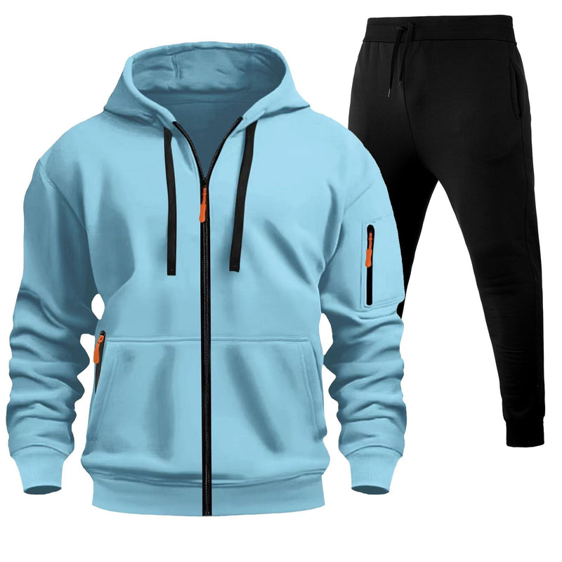 Men's Sports Hoodie Zip-up Multi-pocket Casual Hoodie Set