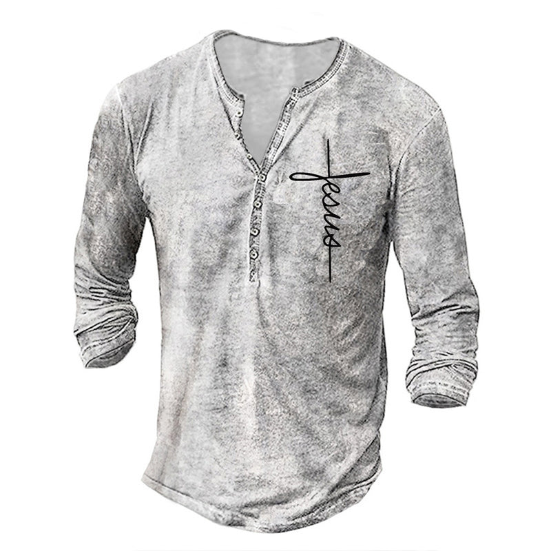 Men's Long Sleeve T-Shirt Button V-Neck Retro Oversize Youth