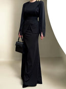 Black Pinstripe Maxi Dress With Structured Waist And Gold Button Accent