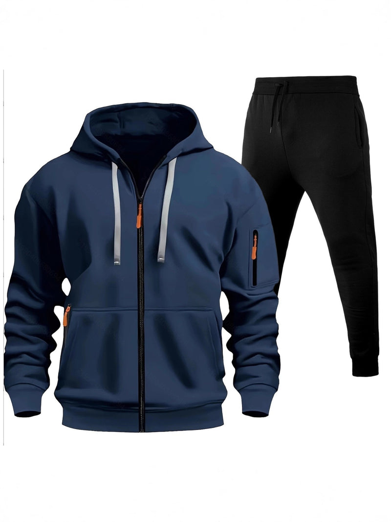 Men's Sports Hoodie Zip-up Multi-pocket Casual Hoodie Set