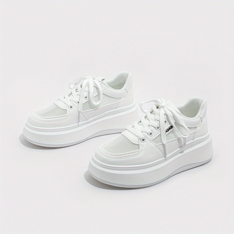 Women's Breathable Mesh Sneakers, Solid Lace Up Platform Skate Shoes, Thick Soled Platform Casual Sneakers