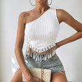 Women's Solid Color Single-shoulder Fringe Design Short Top
