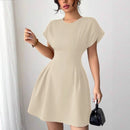 New Elegant Slim-fit Simple Waist-tie Solid Color High-waist Dress