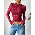 Women's Lace Elastic Peony Print Sheer Sexy Top