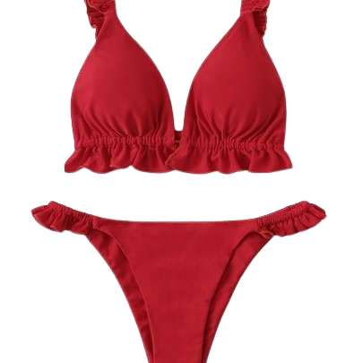 Conjunto Biquíni Babados Alças Franzidas Vermelho Vibrante