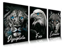 Quadro Decorativo Animais Leão Águia Lobo Disciplina Foco Frases Escritório Sala Quarto Hall, Etacart, 3mm, Grande