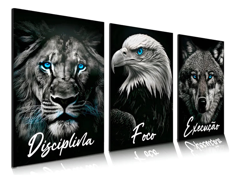 Quadro Decorativo Animais Leão Águia Lobo Disciplina Foco Frases Escritório Sala Quarto Hall, Etacart, 3mm, Grande
