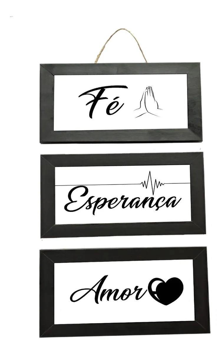Kit Quadro Cordinha Fe Esperança Amor Porta Decoração Armação Preto
